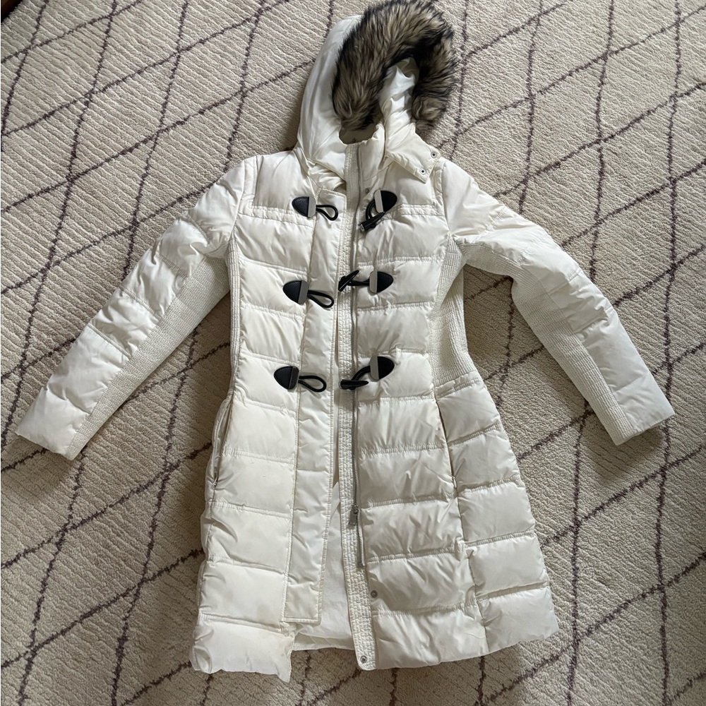 Express White Puffer Coat with Fur Hood